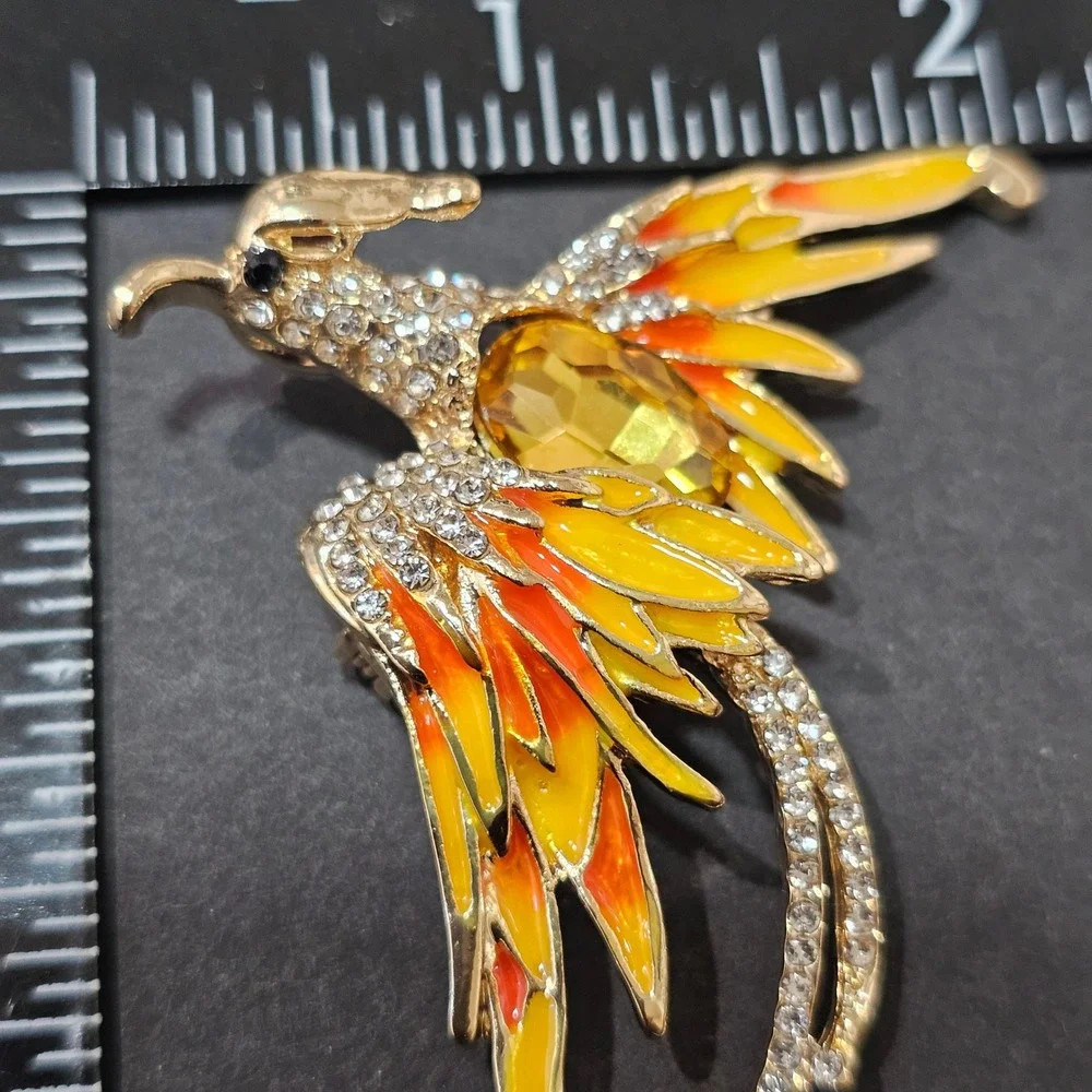 Enamel Rhinestone Bird Brooch Set Grern Orange Gold Phoenix Crane  Statement